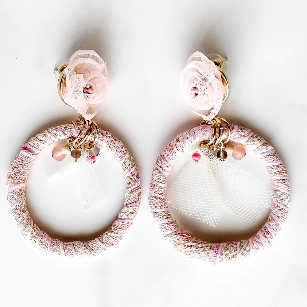 Makarlon Fabric w/ Lace Hoop Earrings - 2 Colors